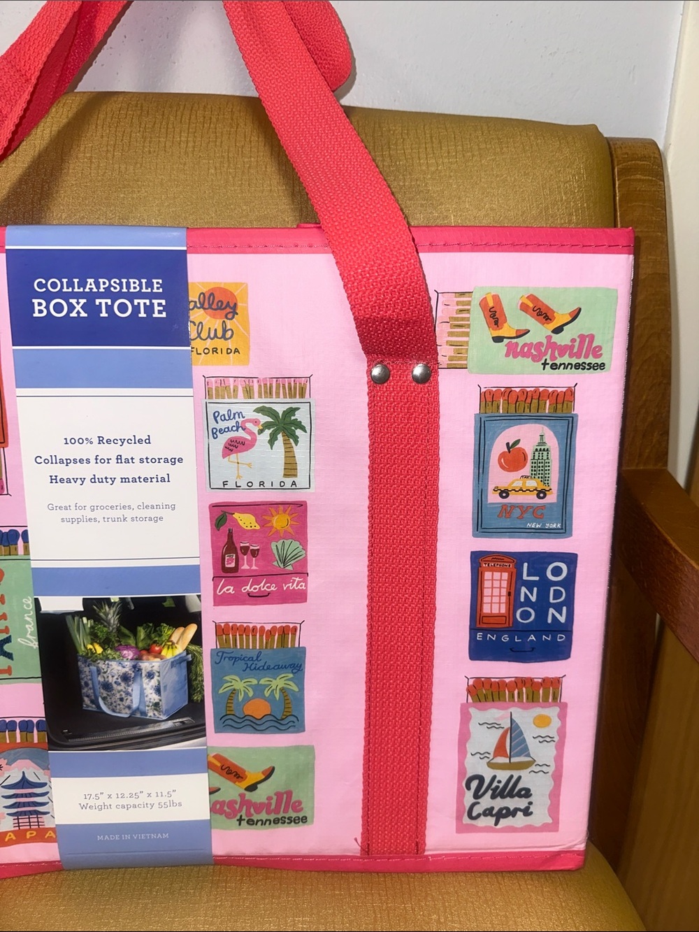 Travel Matches Pink Multi Around the World Collapsible BOX TOTE Heavy Duty 55lb - Picture 4 of 10